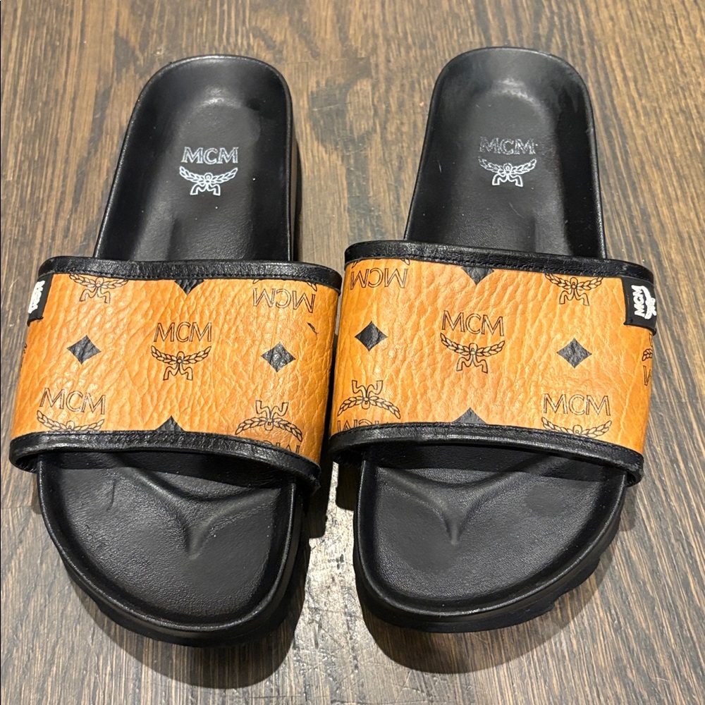 MCM Black & Cognac Monogram Slide Sandals